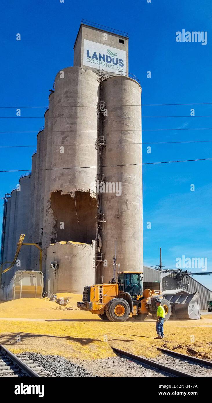 Damage to the Landus Cooperative grain elevator in Yetter, Iowa, is