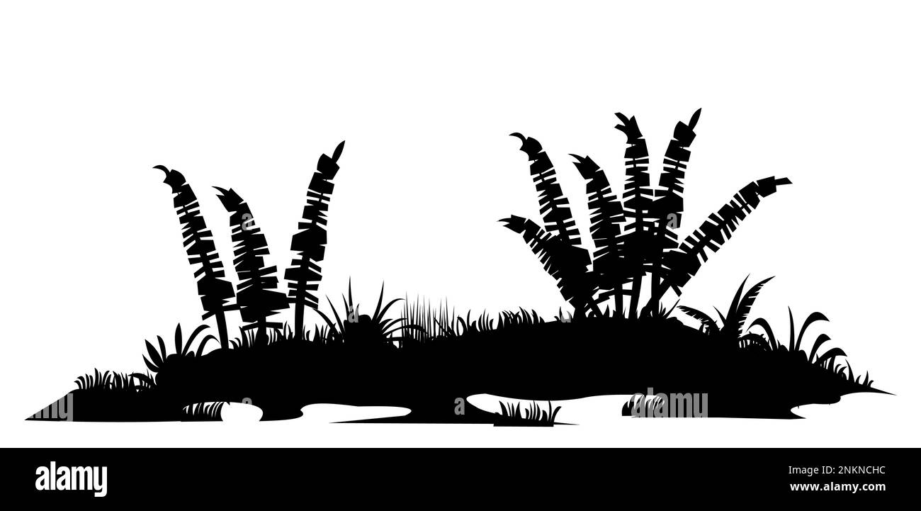 Bank of river or swamp with fern shoots. Swamp landscape. View of the river bank. Silhouette picture. Isolated on white background. Vector. Stock Vector