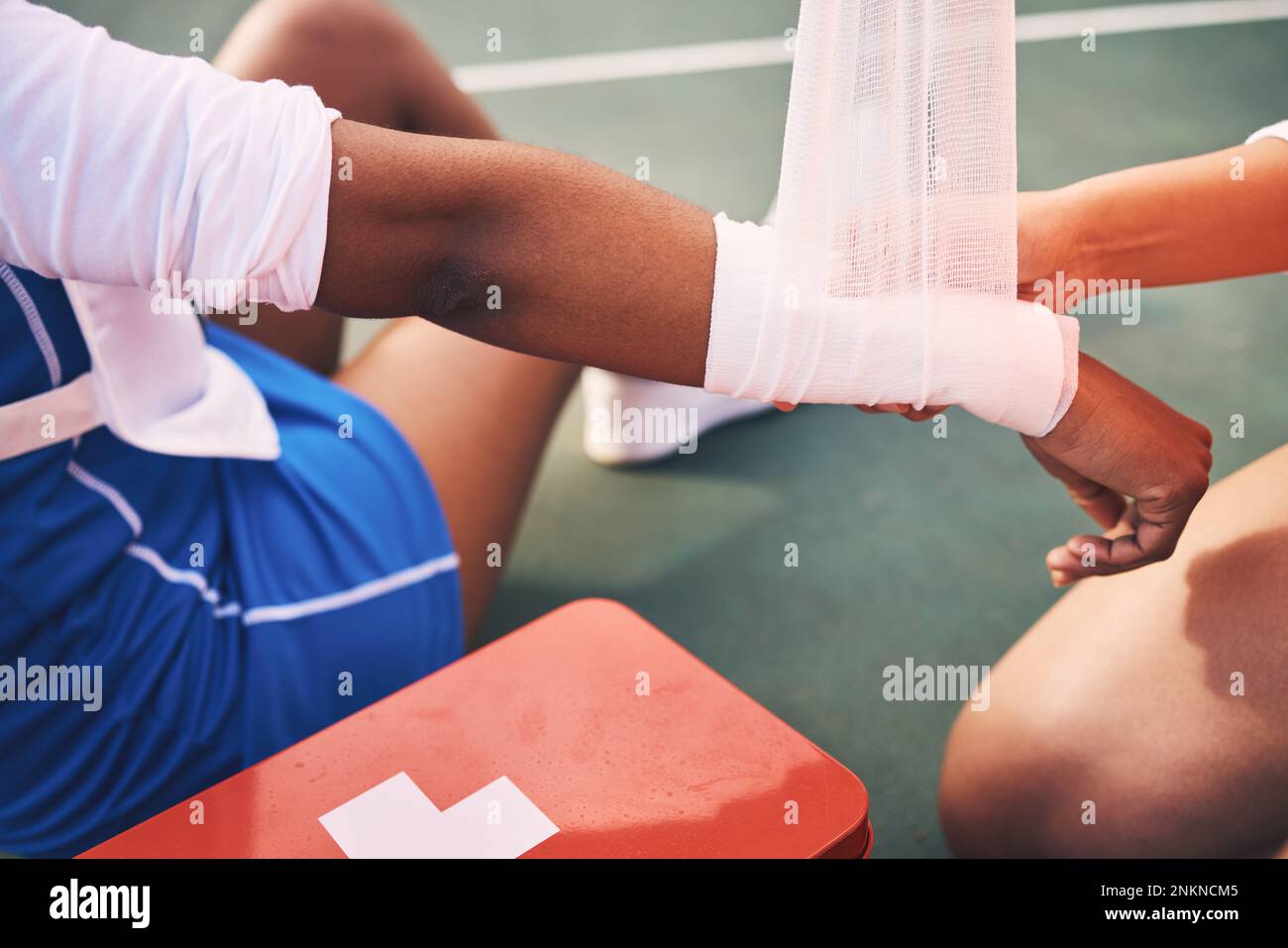 Sport injury, bandage and first aid with wrist pain and help, health