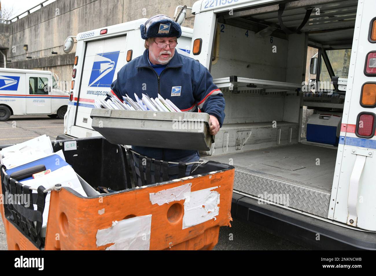 USPS city letter carrier Greg Andregic, of Pottsville, Pa., loads his truck with mail for the