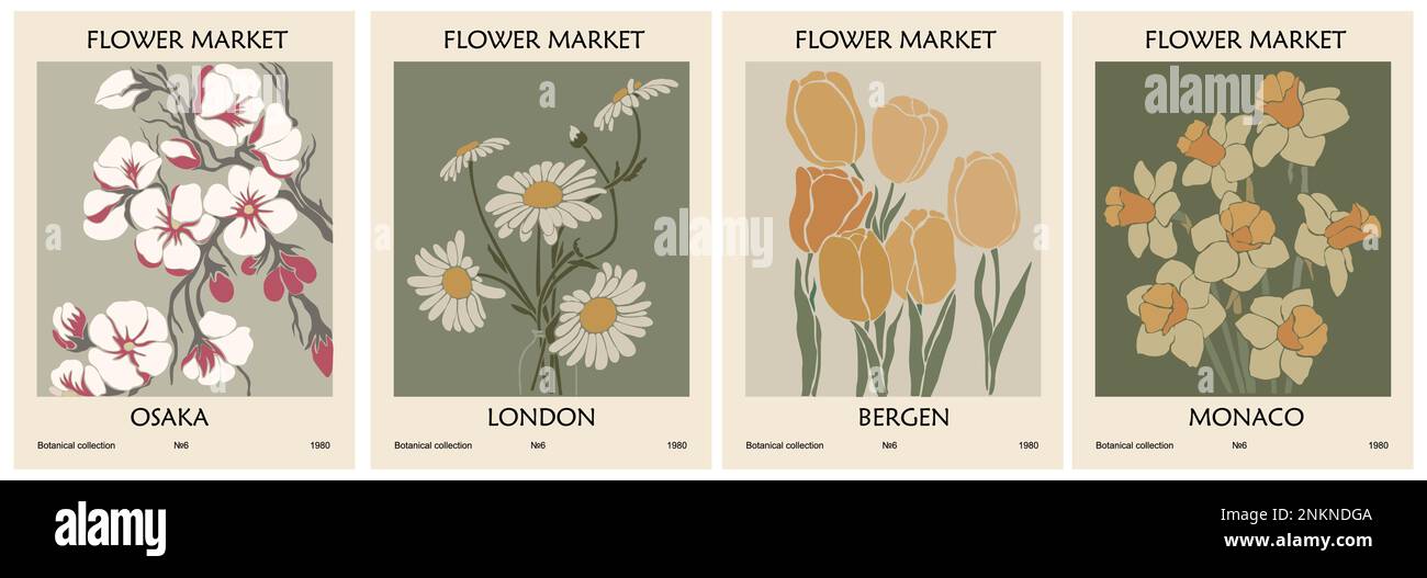 Set of Abstract posters Flower Market print vector Stock Vector Image ...