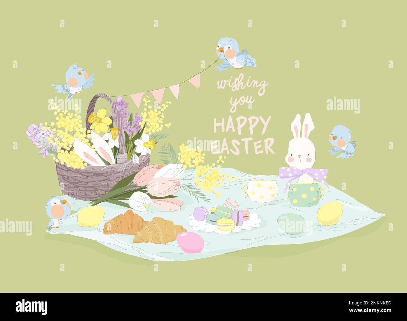 Easter Spring Picnic Scene with Easter Eggs, Flowers and Bunnies Stock Vector