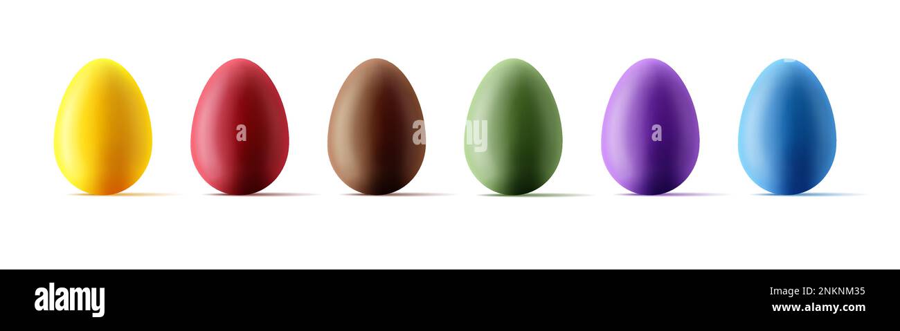Set easter eggs with realistic effect on white background, colourful 3d shapes, glossy isolated Stock Vector