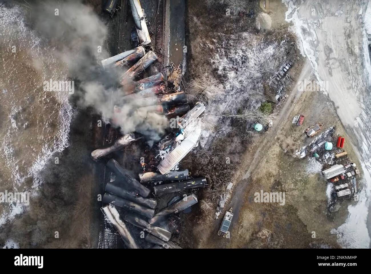 (230224) -- WASHINGTON, Feb. 24, 2023 (Xinhua) -- This video screenshot released by the U.S. National Transportation Safety Board (NTSB) shows the site of a derailed freight train in East Palestine, Ohio, the United States. TO GO WITH "Roundup: U.S. agency releases report on Ohio train derailment but questions, concerns linger" (NTSB/Handout via Xinhua) Stock Photo