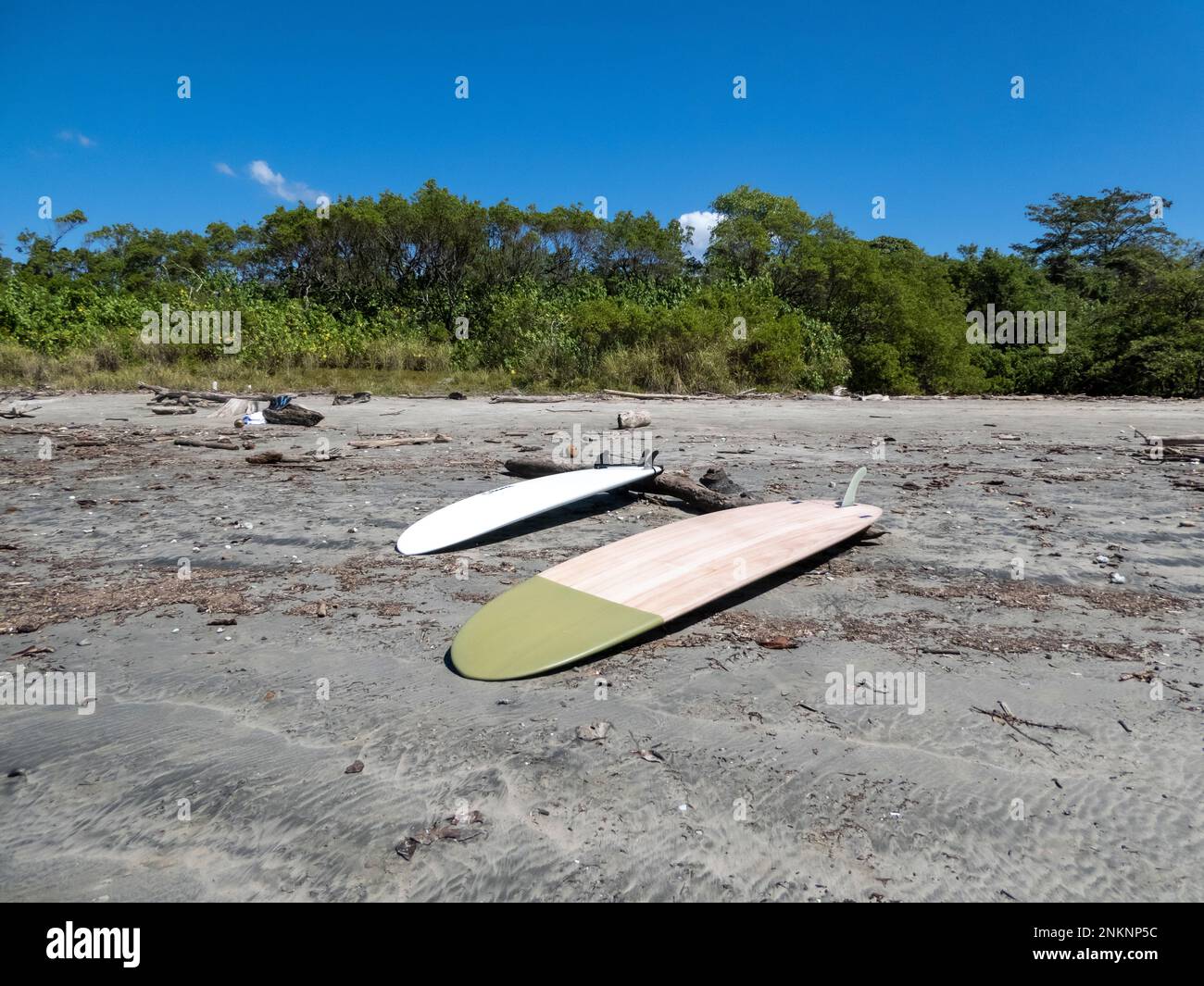 Two surfboards lying on the dark sand of Nosara in Costa Rica Stock