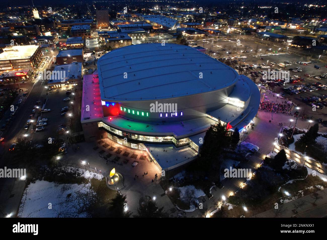 An aerial view of the Spokane Veterans Memorial Arena, Saturday, Feb