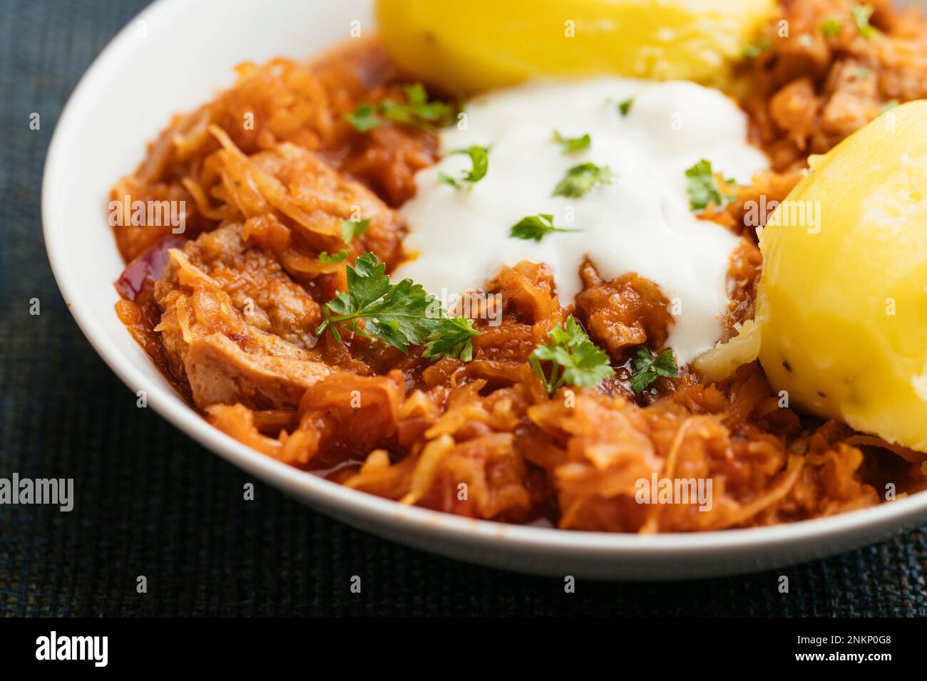 Vegan version of the traditional Szekely goulash with sauerkraut and TVP Stock Photo