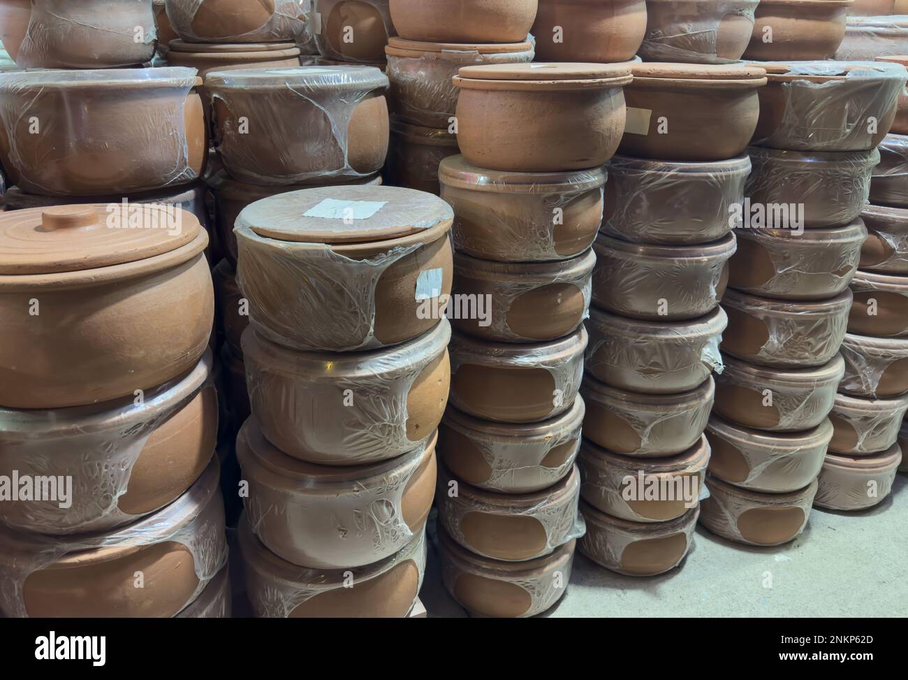 Earthen pots. Turkish earthenware cooking pots. Anatolian traditional kitchen utensils. Stock Photo