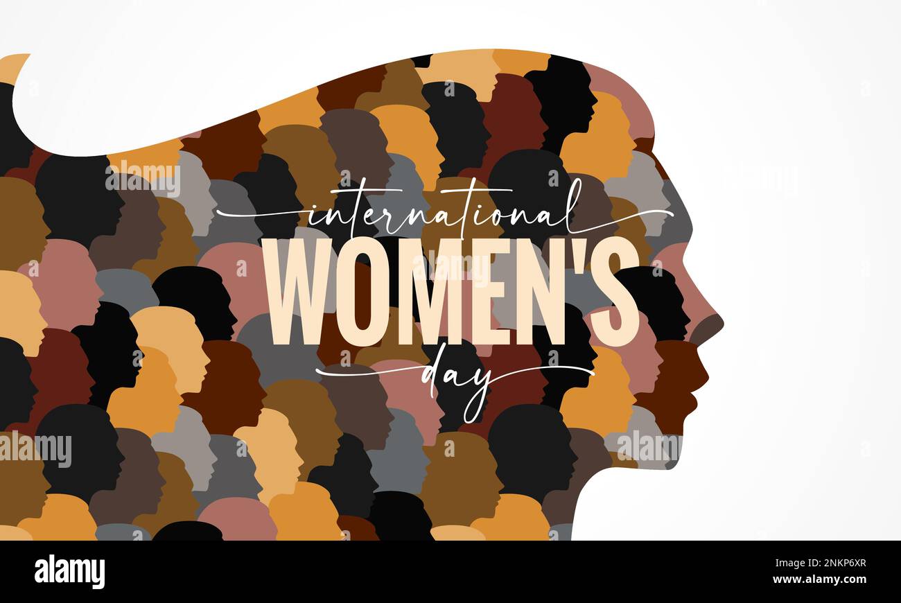 International Womens Day banner with silhouette of a girl. Women's day poster with female different faces in profile of beautiful woman. Vector card Stock Vector