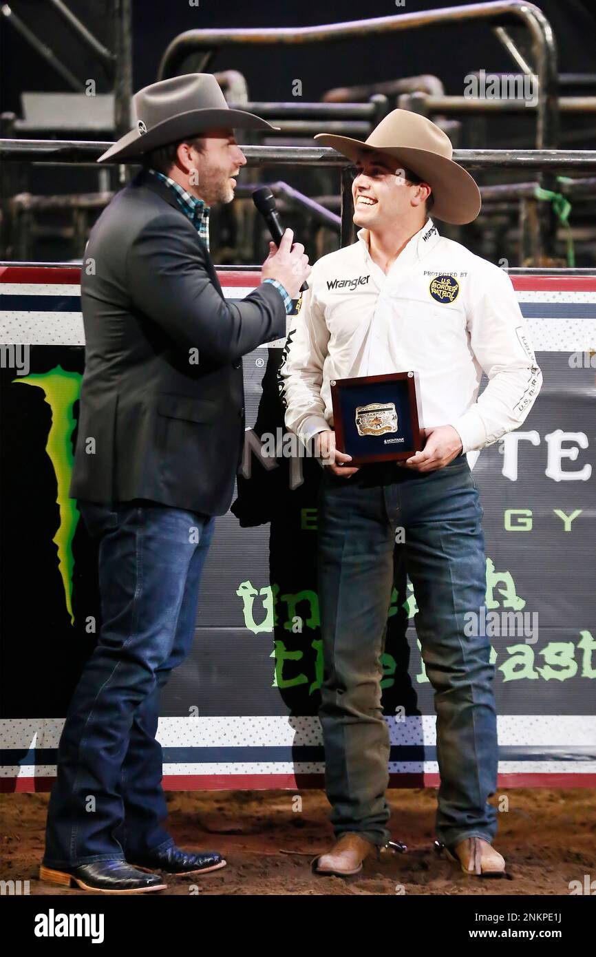 LOS ANGELES, CA FEBRUARY 22 Daylon Swearingen answers PBR announcer
