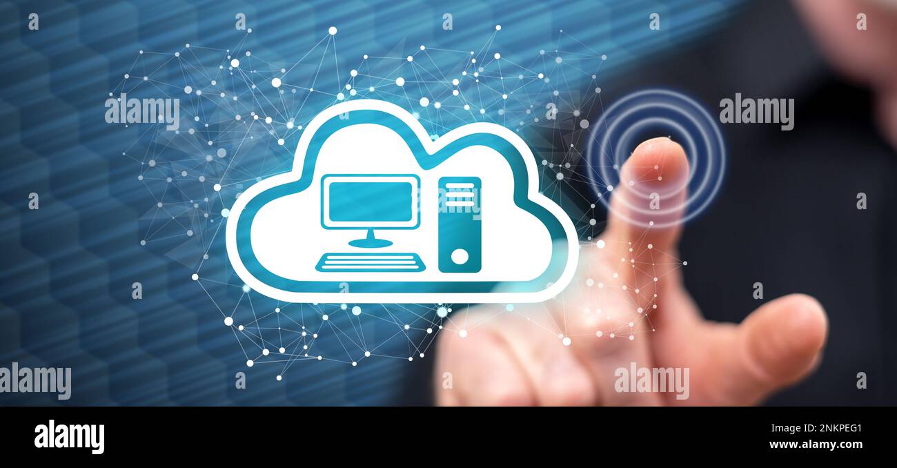 Touch In Computing Man touching a cloud computing concept on a touch screen with his ...