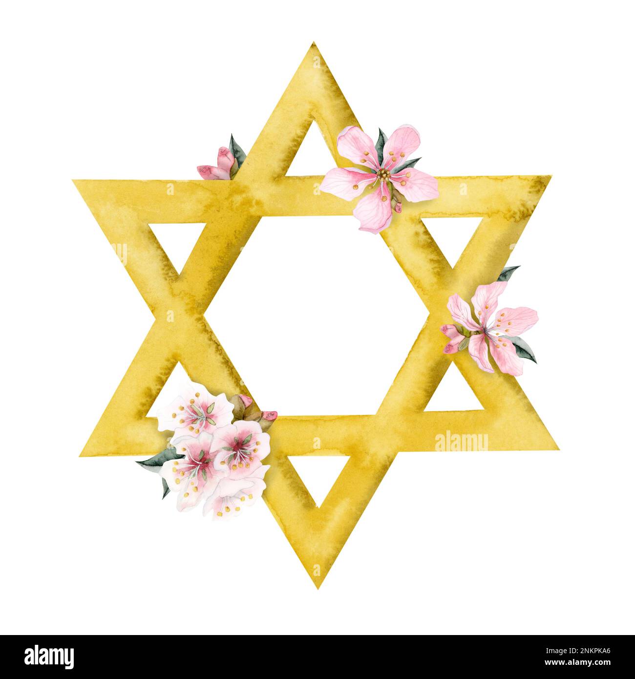 Watercolor Passover greeting card template with gold star of David and almond flowers illustration isolated on white background Stock Photo