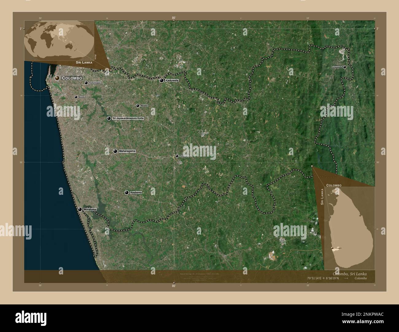 Colombo, district of Sri Lanka. Low resolution satellite map. Locations and names of major cities of the region. Corner auxiliary location maps Stock Photo