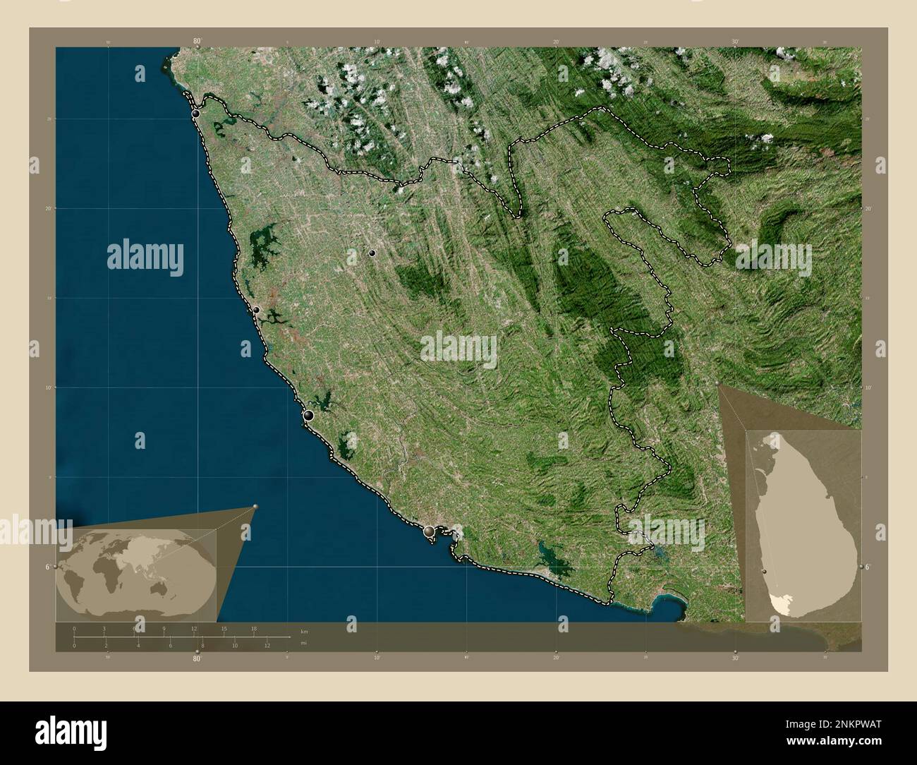 Galle, district of Sri Lanka. High resolution satellite map. Locations of major cities of the