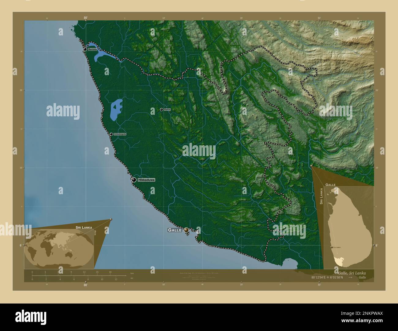Galle, district of Sri Lanka. Colored elevation map with lakes and rivers. Locations and names