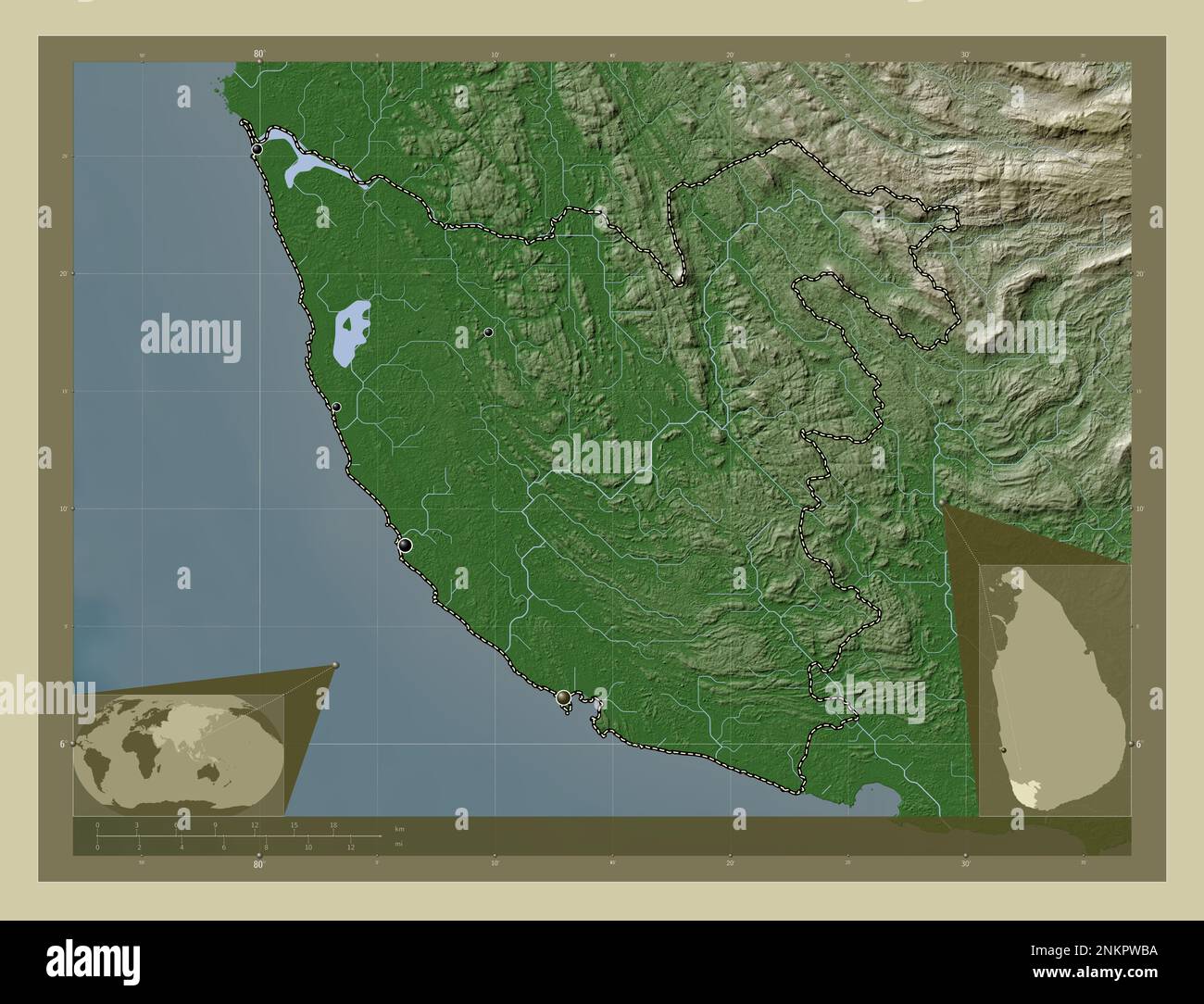 Galle, district of Sri Lanka. Elevation map colored in wiki style with lakes and rivers