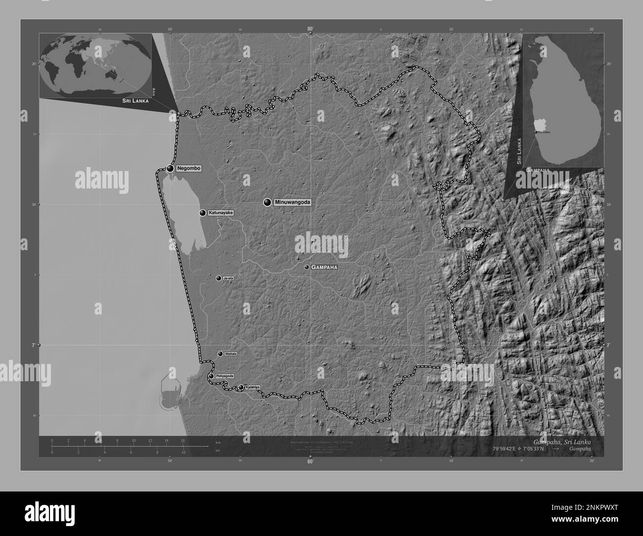 Gampaha, district of Sri Lanka. Bilevel elevation map with lakes and ...