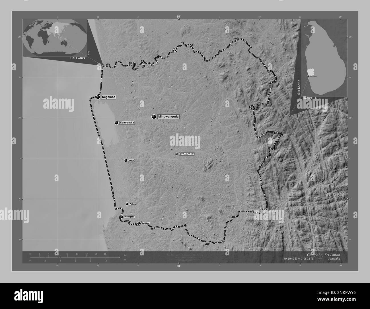 Gampaha, district of Sri Lanka. Grayscale elevation map with lakes and