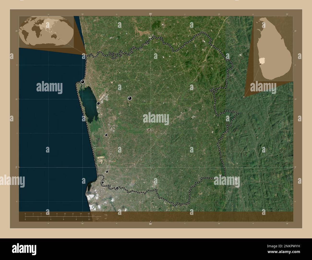 Gampaha, district of Sri Lanka. Low resolution satellite map. Locations