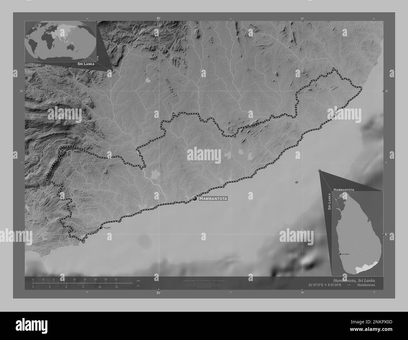 Hambantota, district of Sri Lanka. Grayscale elevation map with lakes