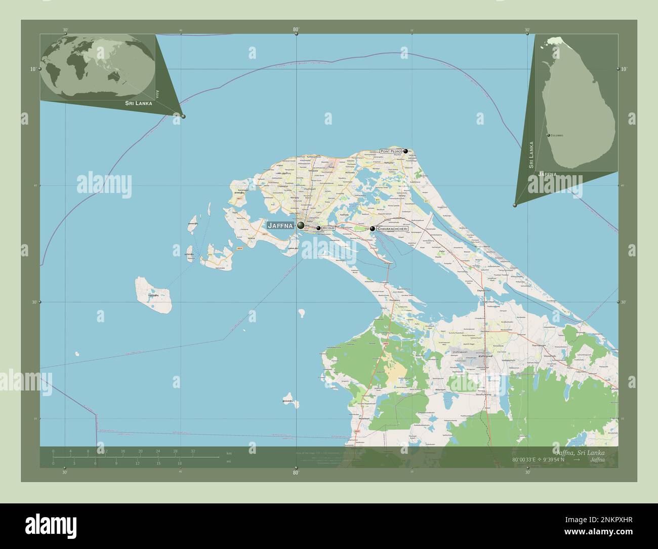 Jaffna, district of Sri Lanka. Open Street Map. Locations and names of