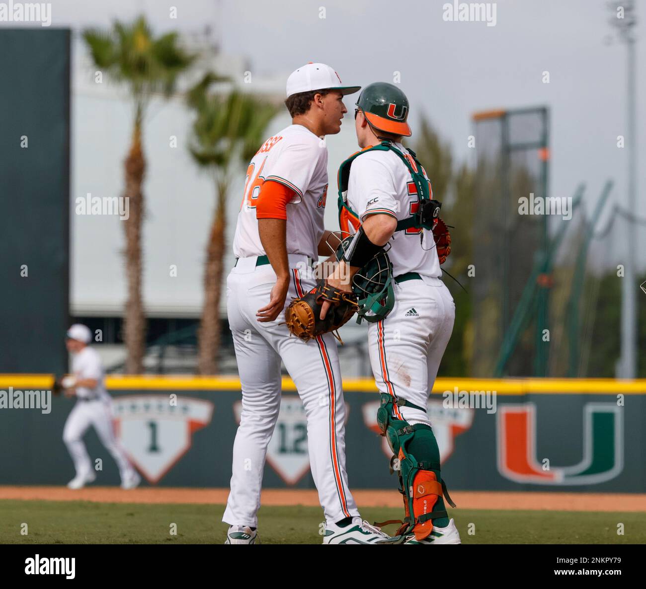 Miami Hurricanes catcher JD Jones (34) on defense against the Wake Forest  Demon Deacons at David F. Couch Ballpark on March 24, 2023 in  Winston-Salem, North Carolina. (Brian Westerholt/Four Seam Images via
