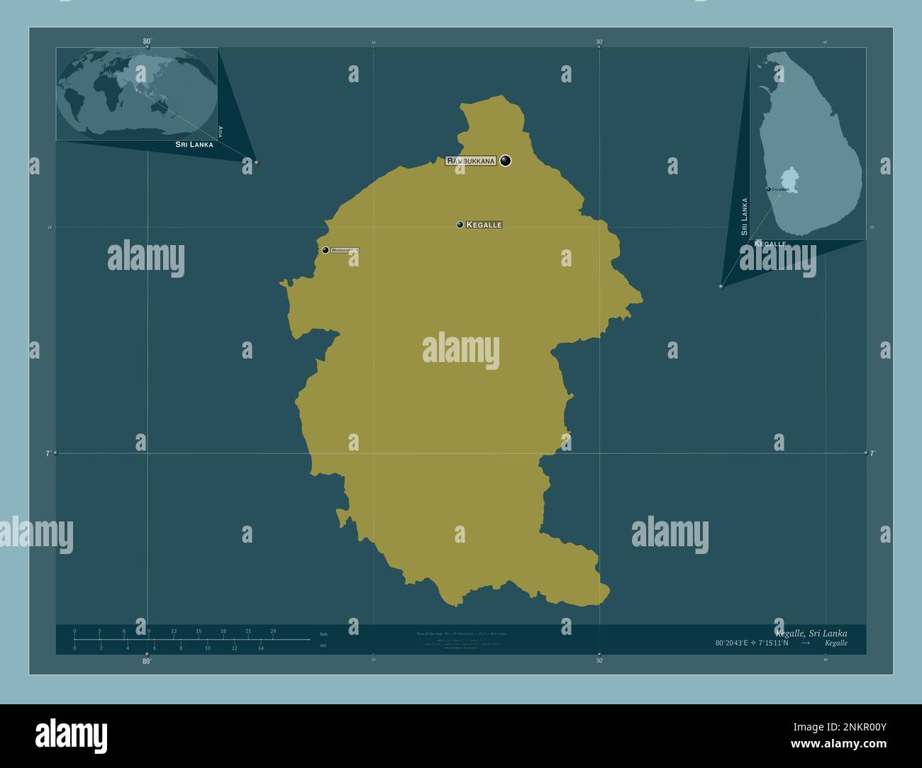 Kegalle, district of Sri Lanka. Solid color shape. Locations and names