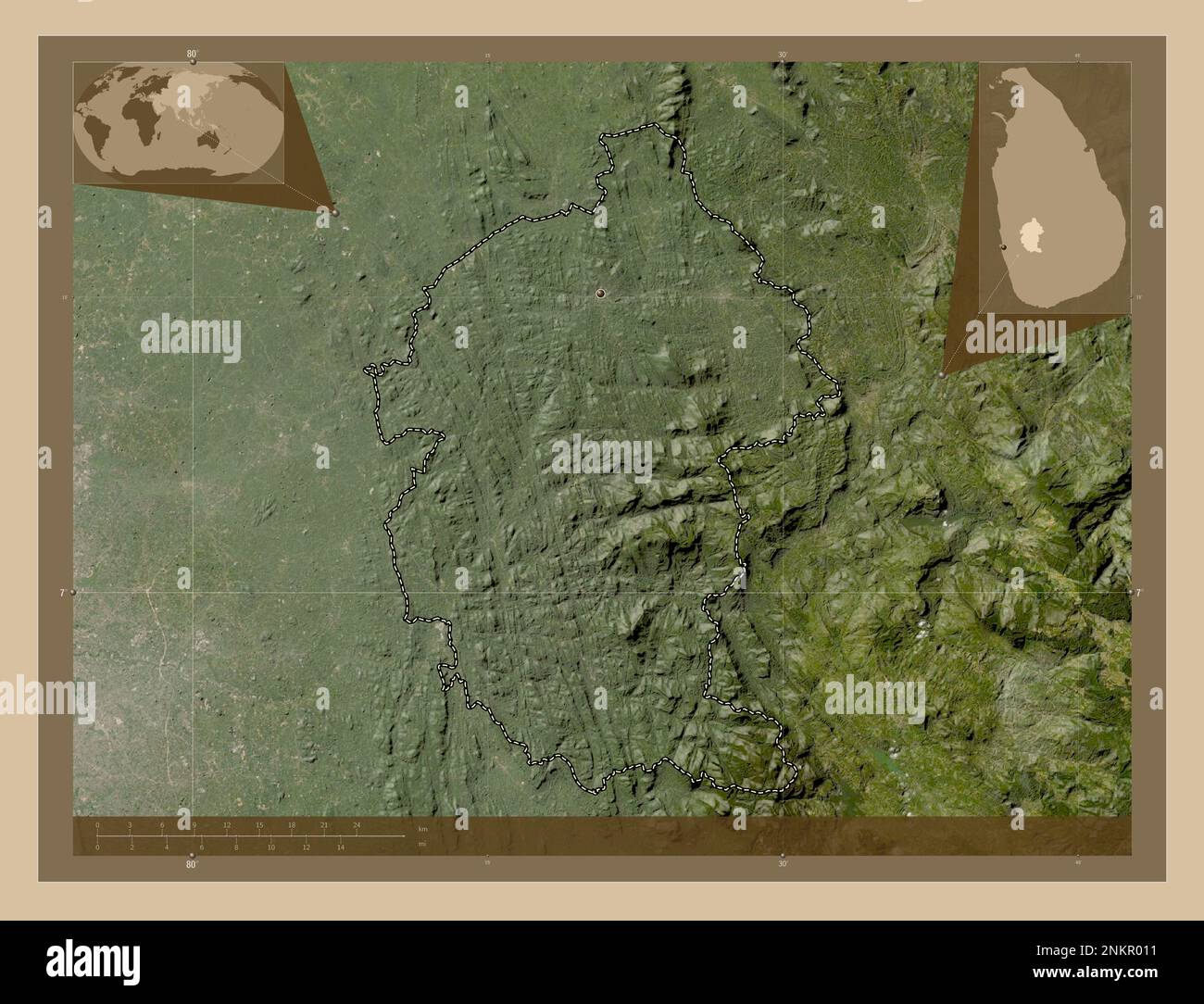 Kegalle, district of Sri Lanka. Low resolution satellite map. Corner