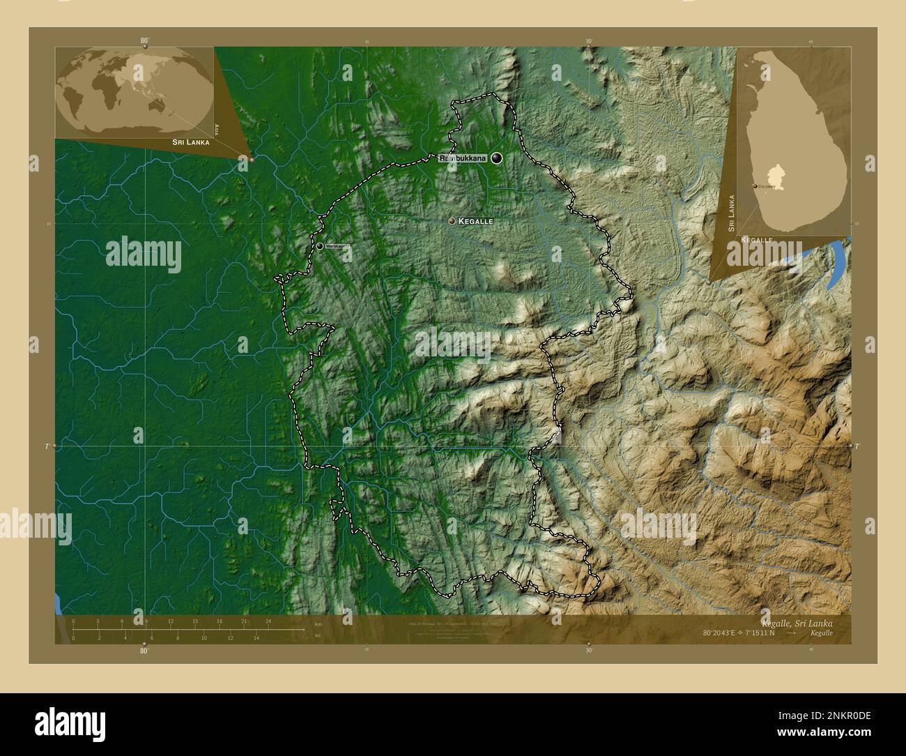 Kegalle, district of Sri Lanka. Colored elevation map with lakes and