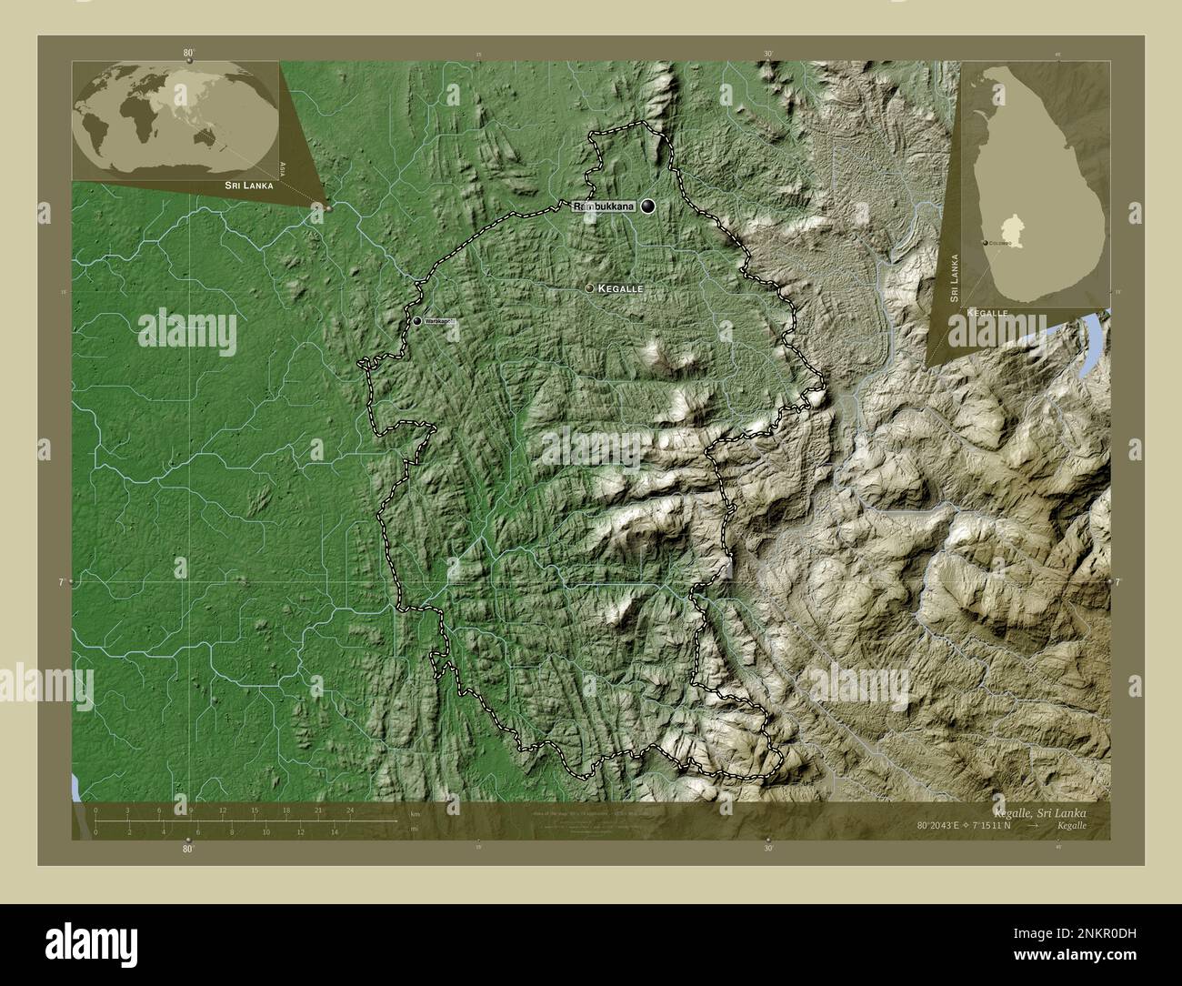 Kegalle, district of Sri Lanka. Elevation map colored in wiki style