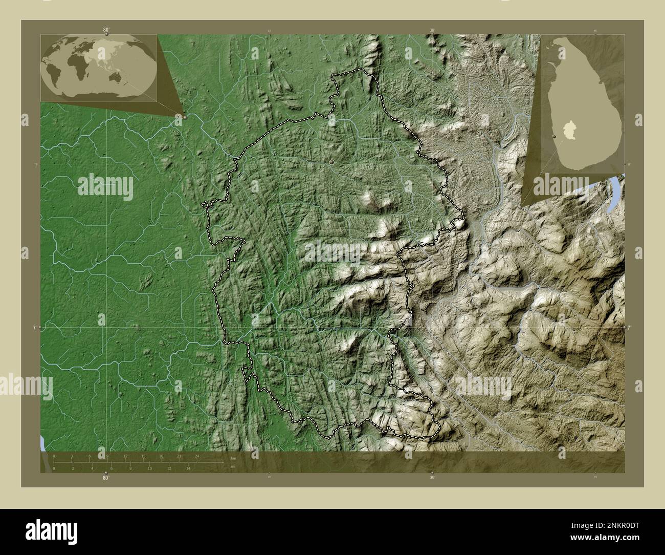 Kegalle, district of Sri Lanka. Elevation map colored in wiki style