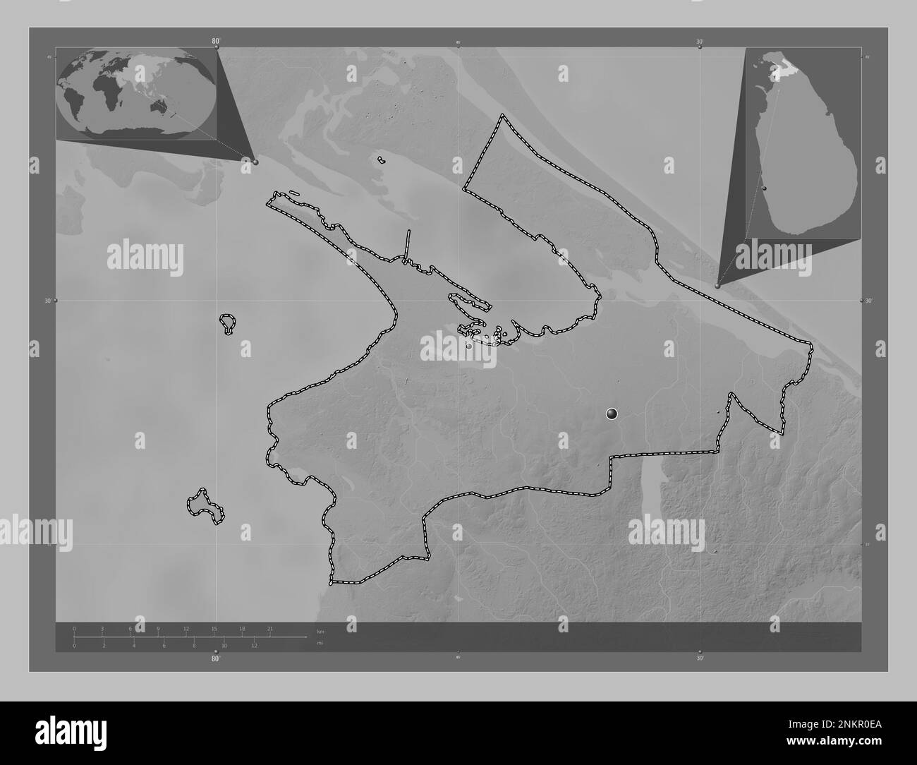 Kilinochchi, district of Sri Lanka. Grayscale elevation map with lakes and rivers. Locations of major cities of the region. Corner auxiliary location Stock Photo