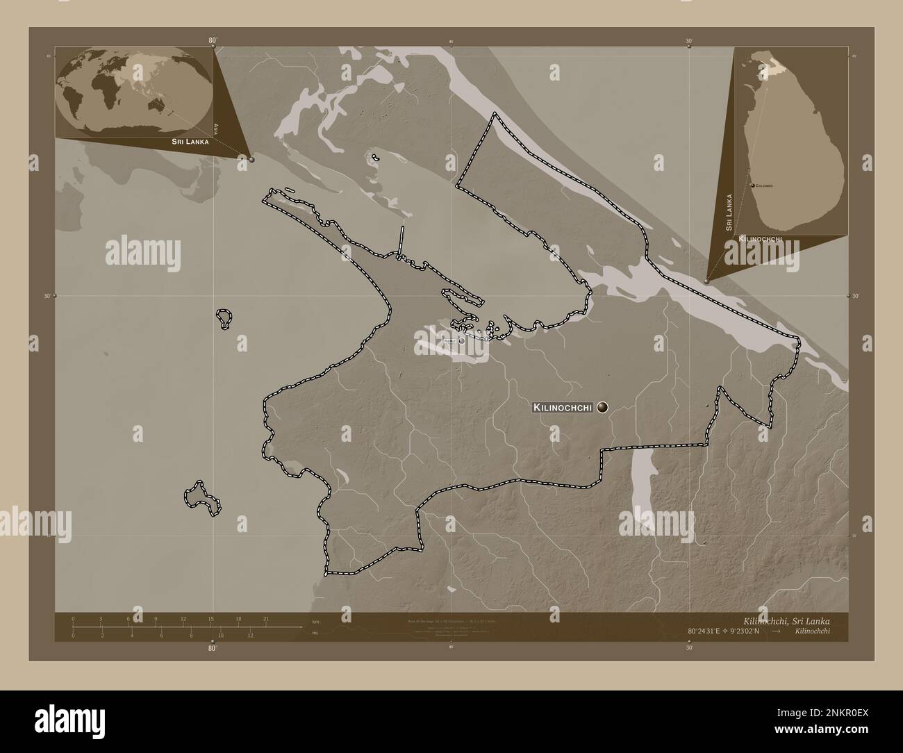 Kilinochchi, district of Sri Lanka. Elevation map colored in sepia tones with lakes and rivers. Locations and names of major cities of the region. Cor Stock Photo