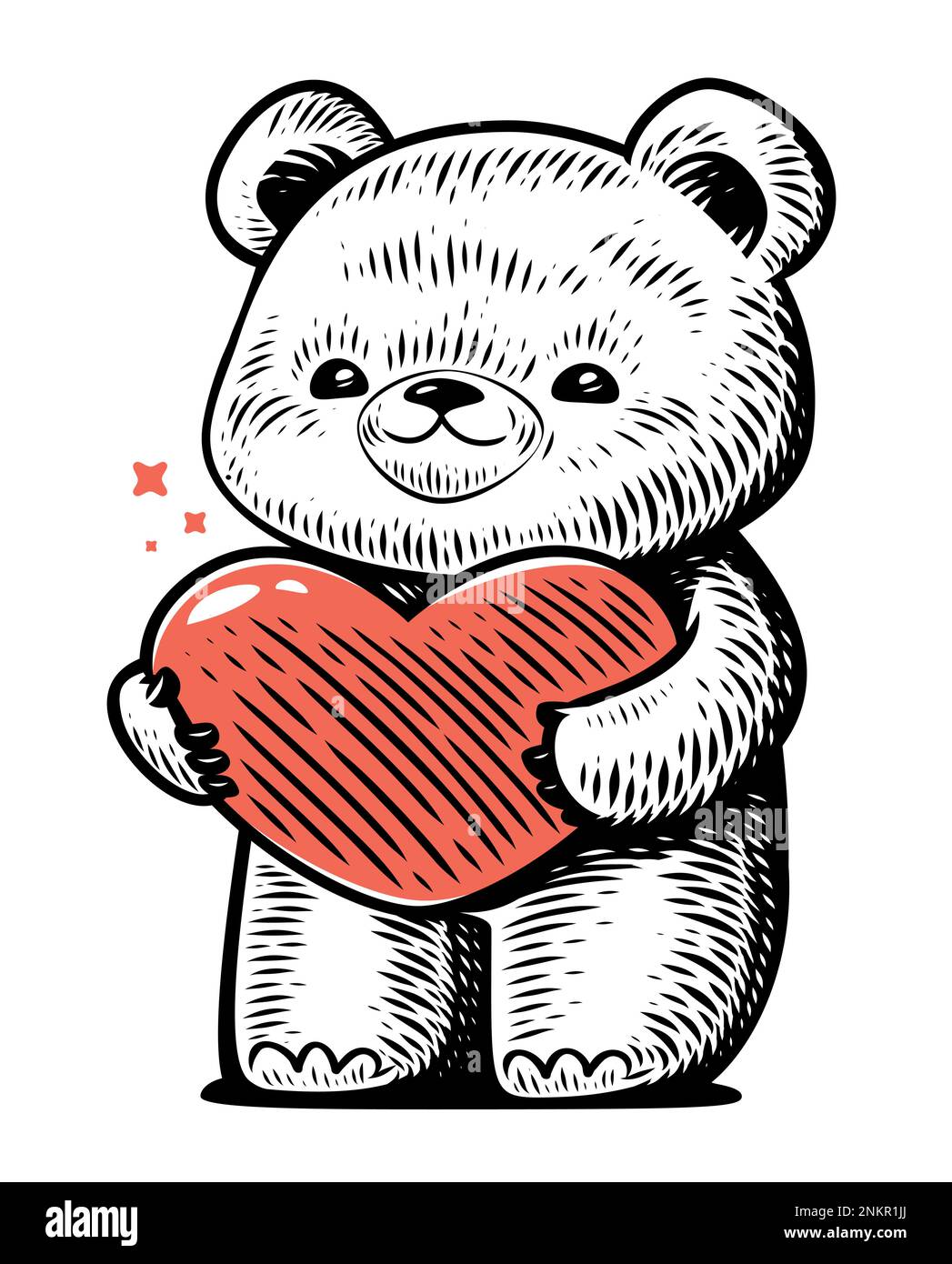 Cute teddy bear stands and holds a red heart in its paws as symbol of ...