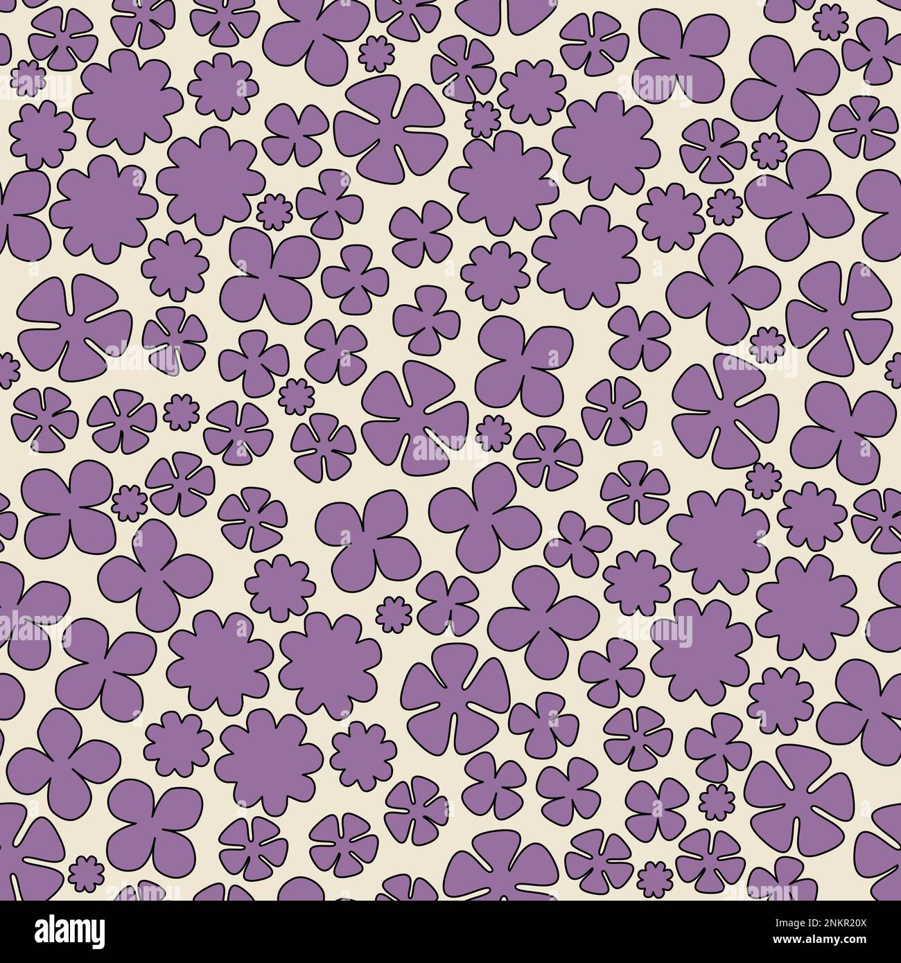 Trendy floral seamless pattern with cute purple flowers. Abstract shape flowers on white background Stock Photo