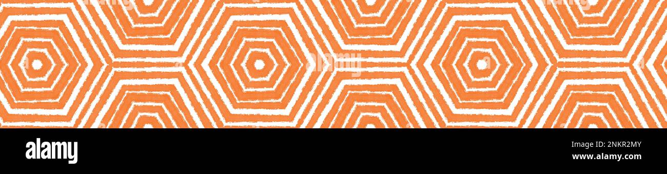 Medallion seamless border. Orange symmetrical kaleidoscope background. Watercolor medallion seamless tile. juicy decorative design element for backgro Stock Photo