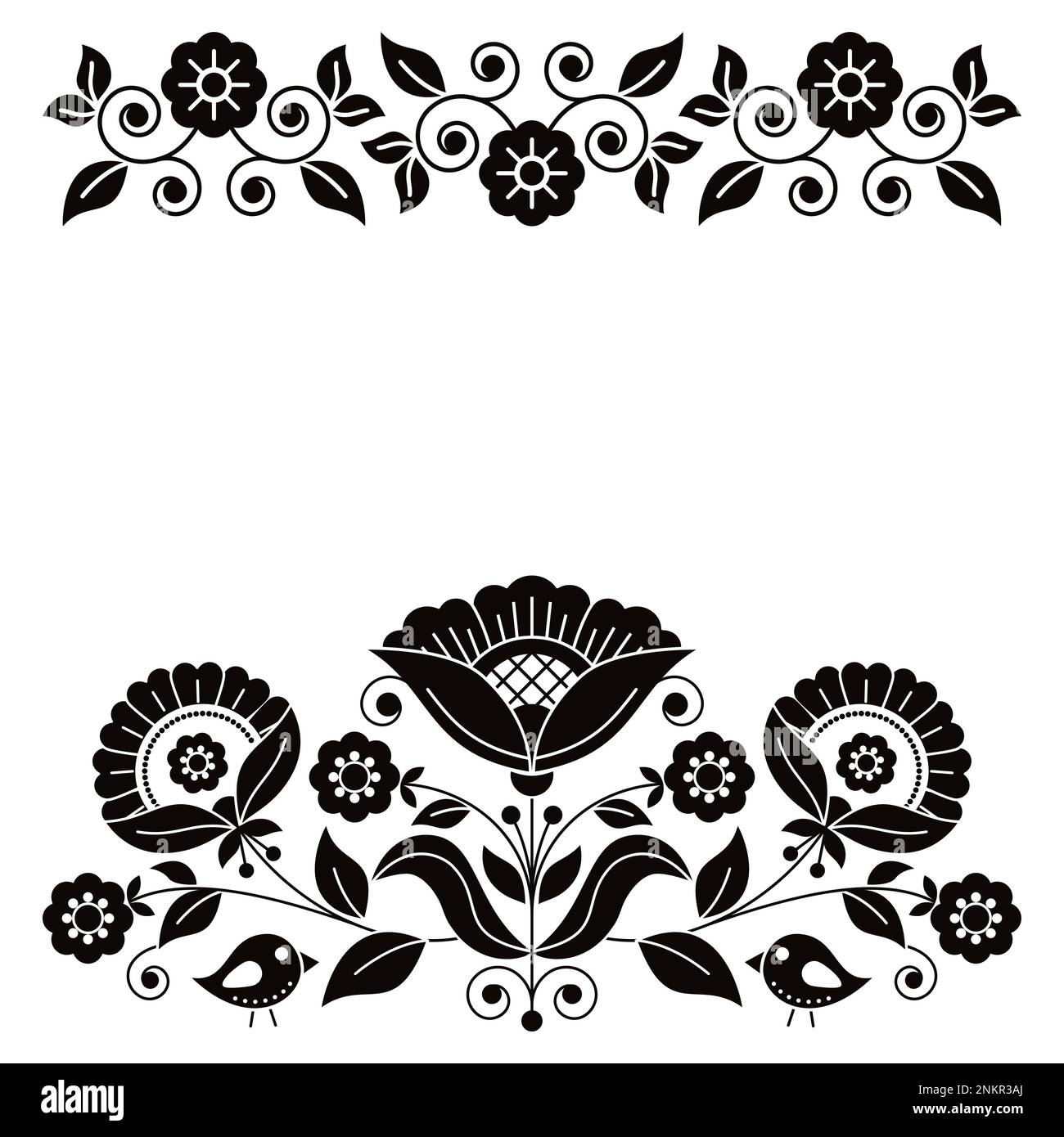 Swedish folk art vector greeting card pattern with black and white birds, heart, and flowers inspired by the traditional Scandinavian art Stock Vector