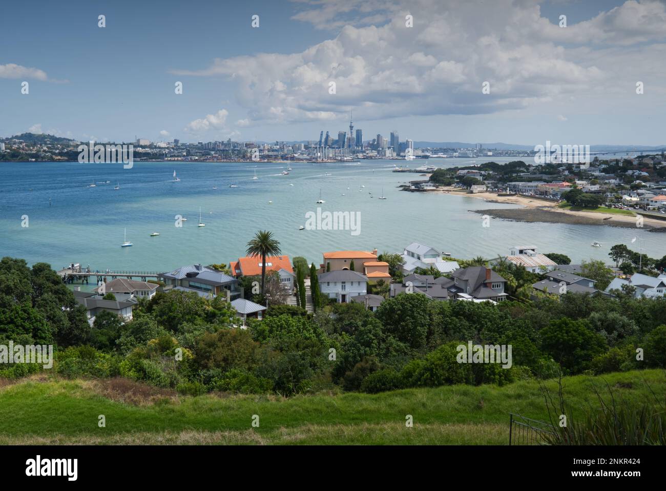 View of Devonport and Auckland skyline from North Head, Auckland, North Island, New Zealand Stock Photo