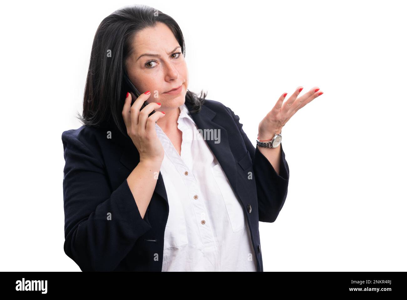 Adult businesswoman making phonecall with confused expression and gesture as office corporate concept isolated on white studio background Stock Photo