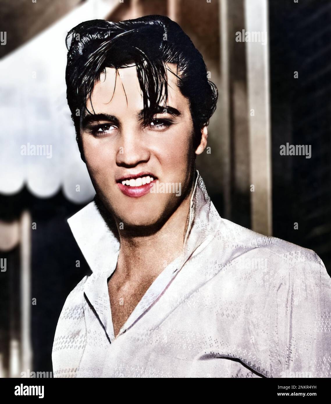 Elvis Presley portrait, 1950s, colorized and AI enhanced Stock Photo