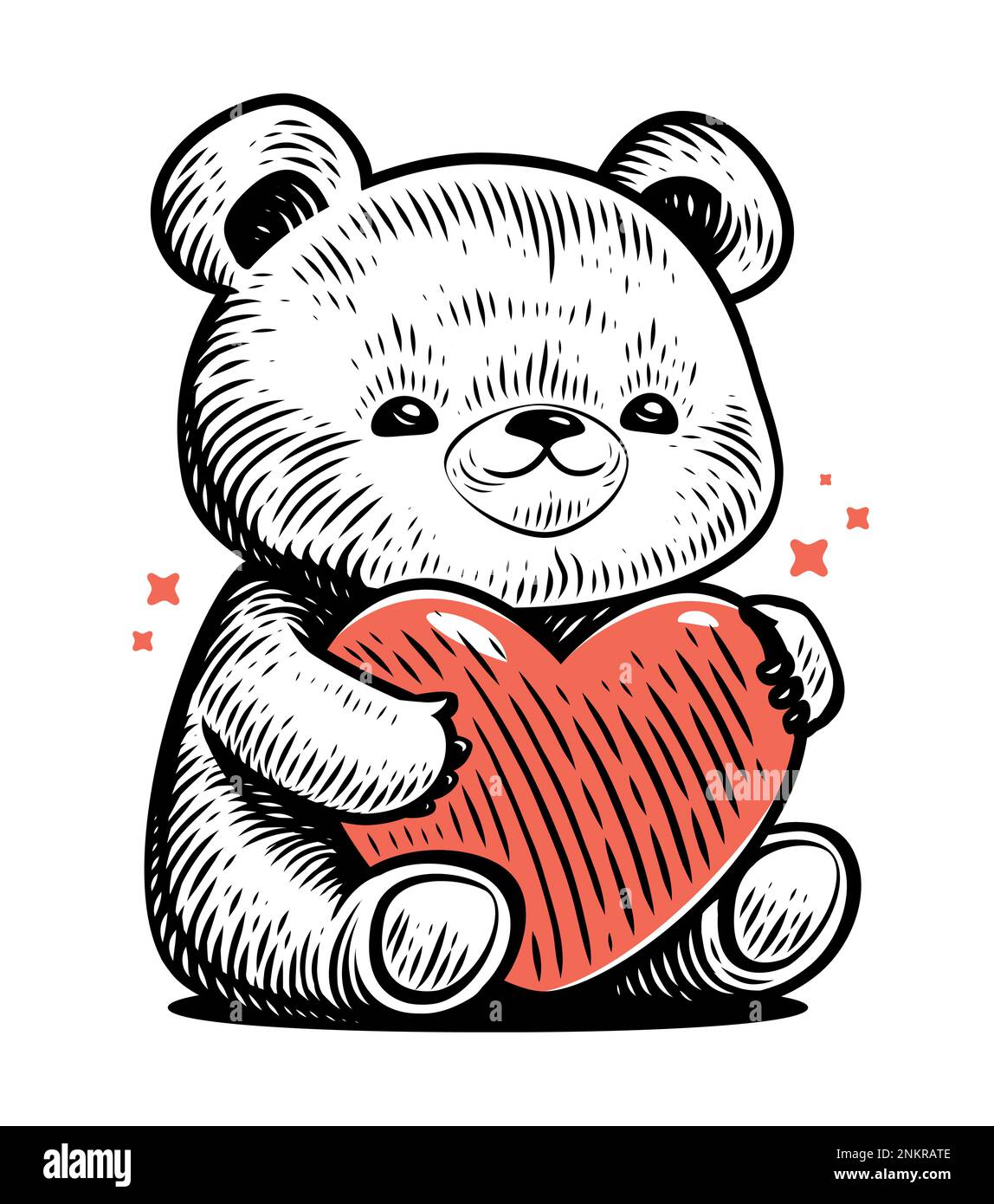 Hand drawn funny Teddy bear with love heart. Cute toy in sketch style ...