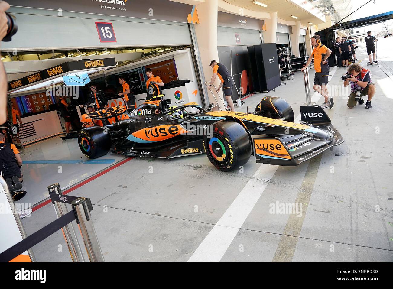 Sakhir, Bahrain. 24th Feb, 2023. Motorsport: Formula 1, testing in Bahrain. Lando Norris from Great Britain of Team McLaren drives out of his pit. Credit: Hasan Bratic/dpa/Alamy Live News Stock Photo