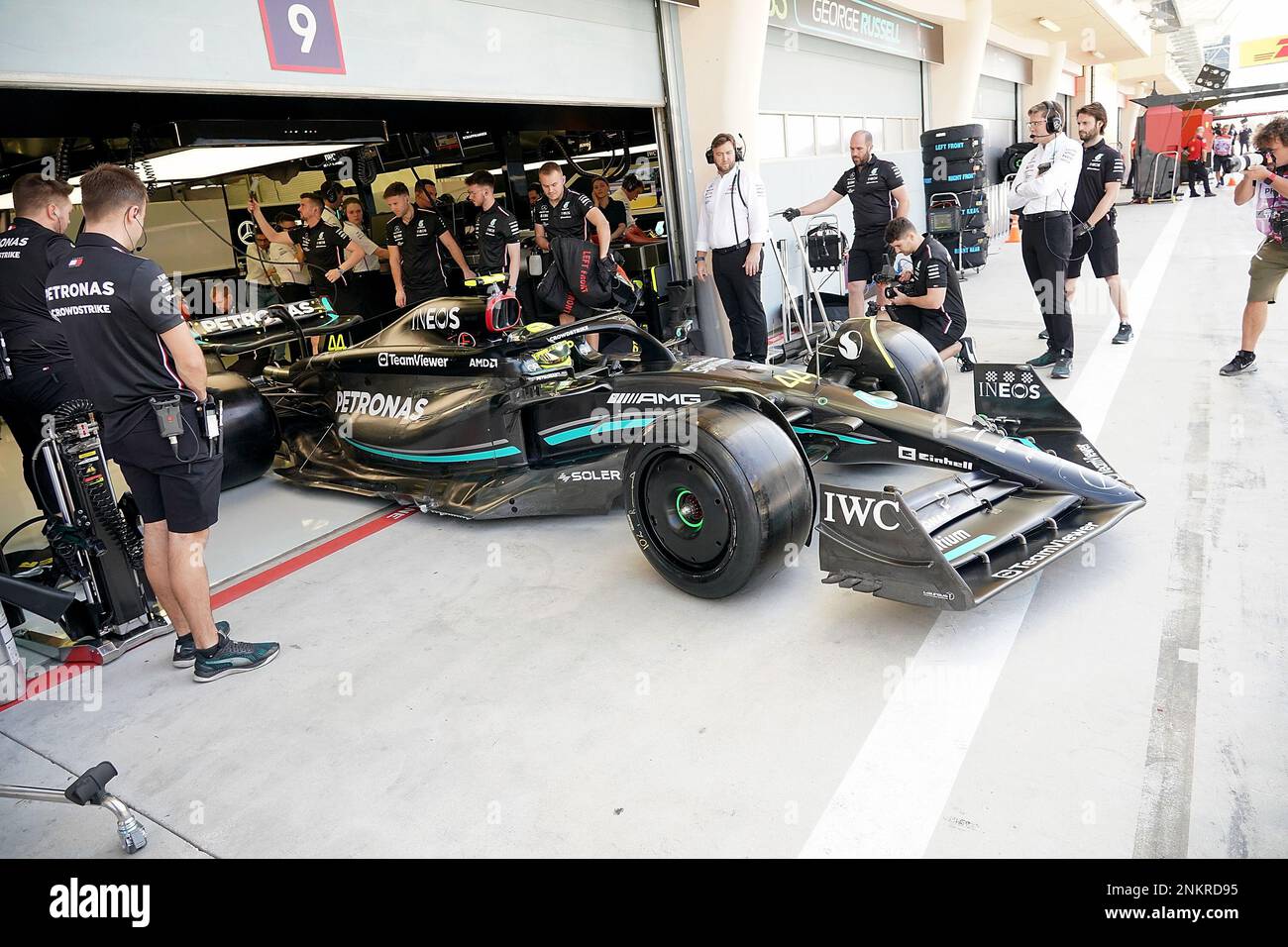 Sakhir, Bahrain. 24th Feb, 2023. Motorsport: Formula 1, testing in Bahrain. Lewis Hamilton from Great Britain of the Mercedes team drives out of his pit. Credit: Hasan Bratic/dpa/Alamy Live News Stock Photo