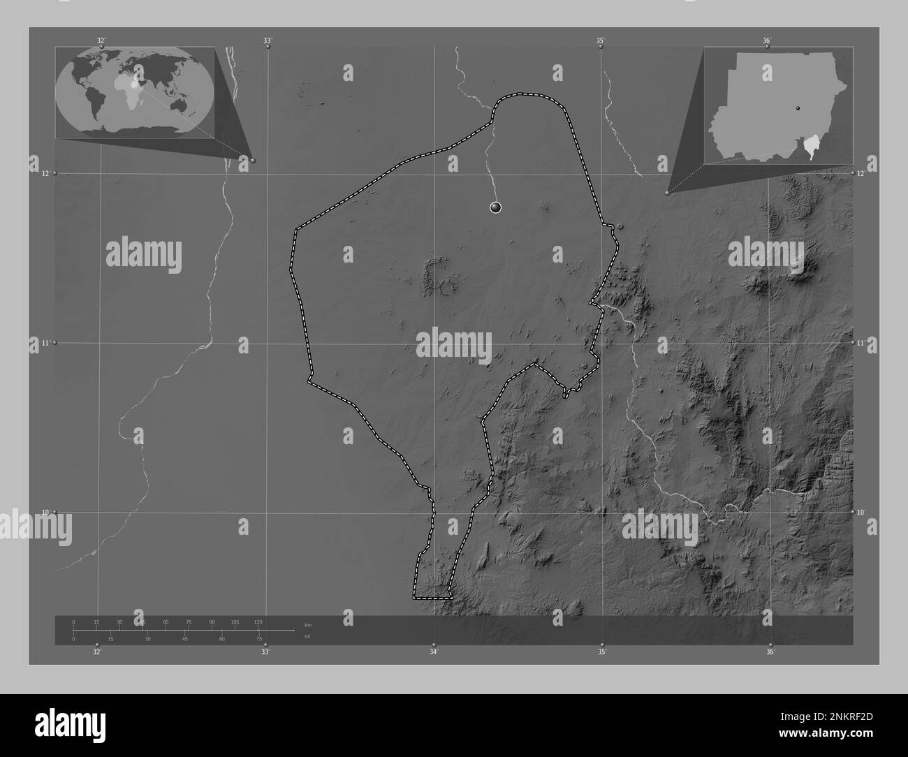 Blue Nile State Of Sudan Grayscale Elevation Map With Lakes And Rivers Corner Auxiliary Location Maps 2NKRF2D 