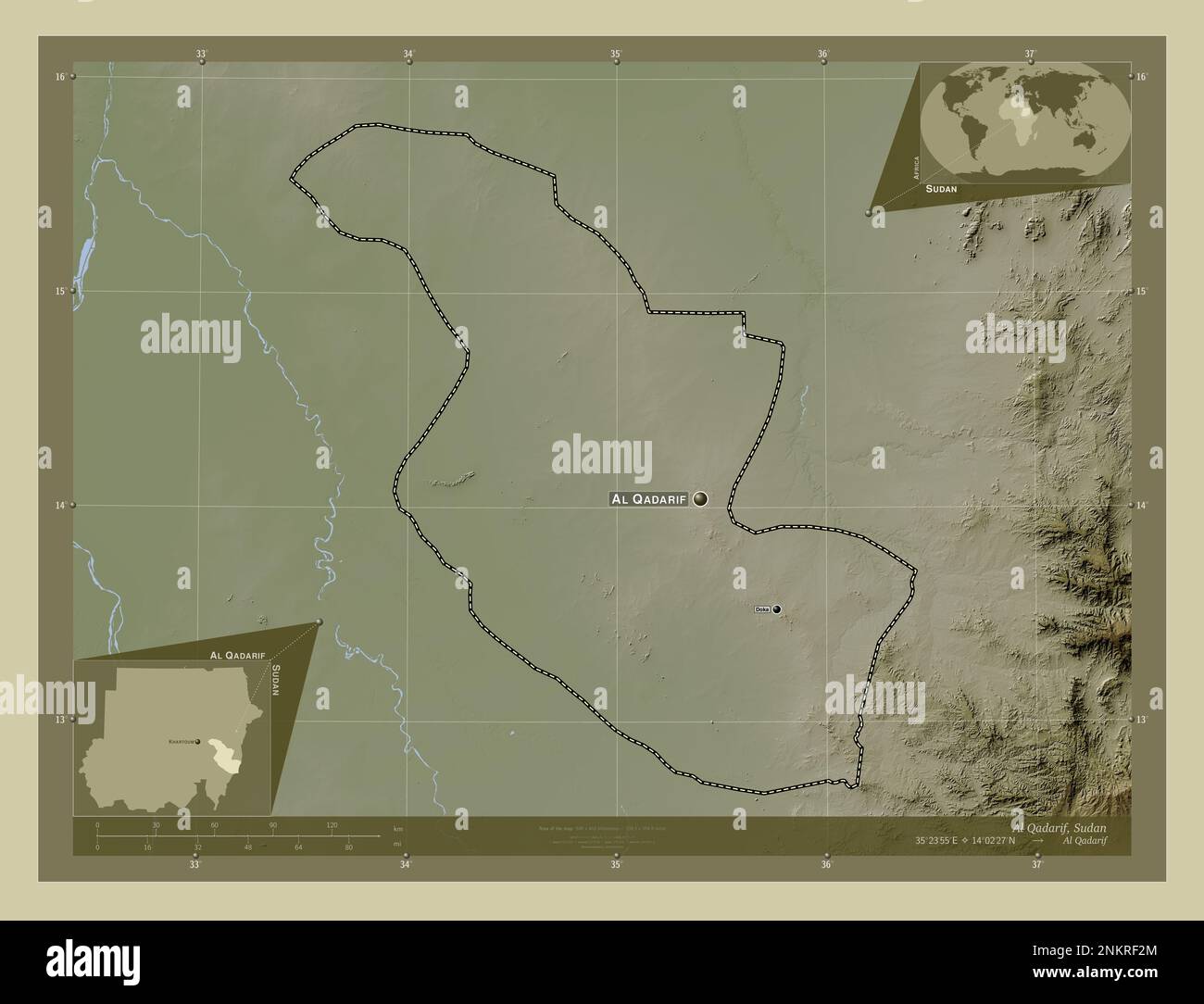 Al Qadarif, state of Sudan. Elevation map colored in wiki style with lakes  and rivers. Locations and names of major cities of the region. Corner auxil  Stock Photo - Alamy