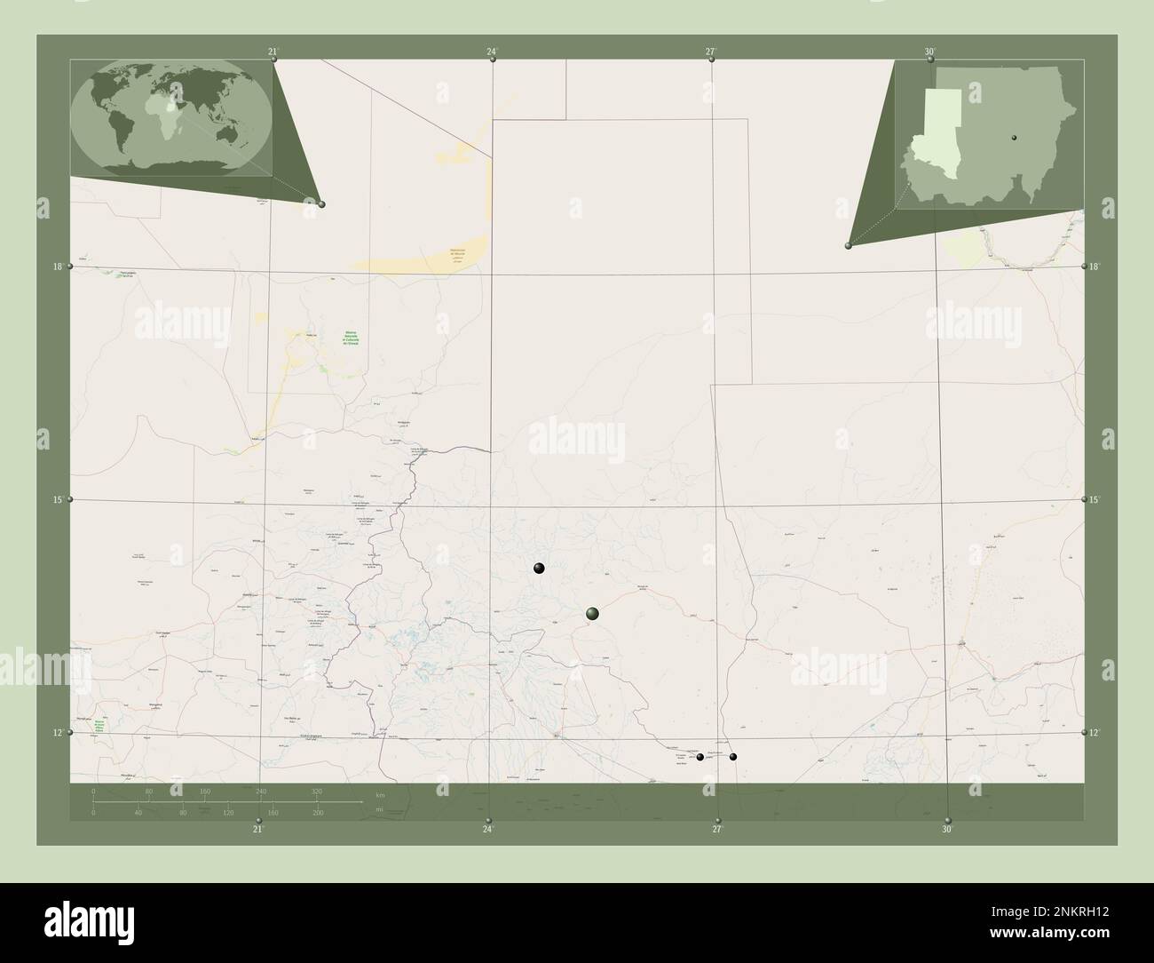 North Darfur, state of Sudan. Open Street Map. Locations of major ...