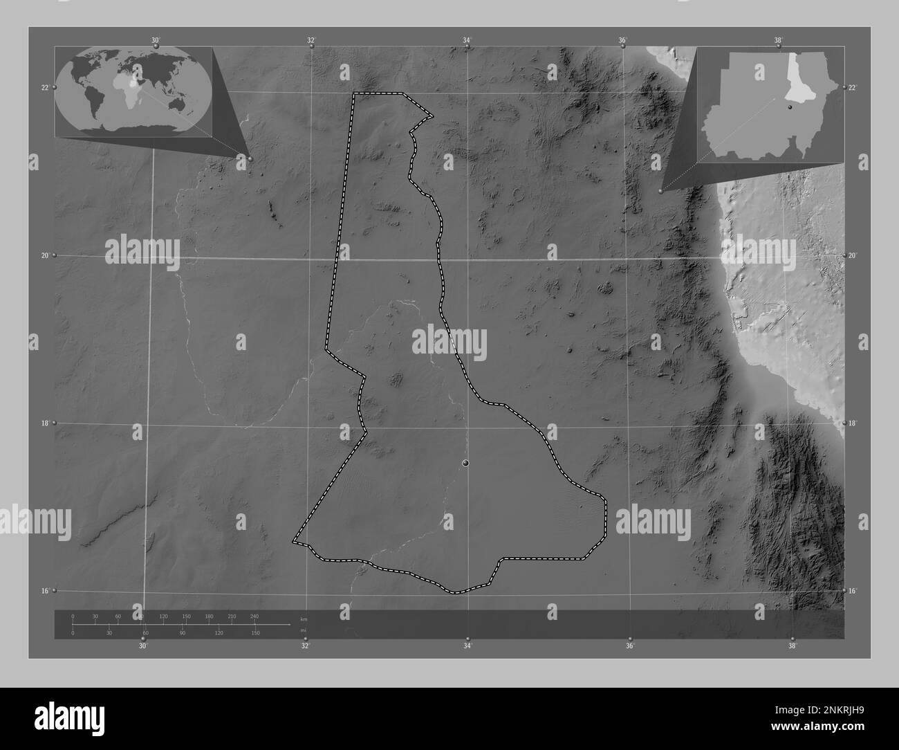 River Nile, state of Sudan. Grayscale elevation map with lakes and rivers. Corner auxiliary location maps Stock Photo