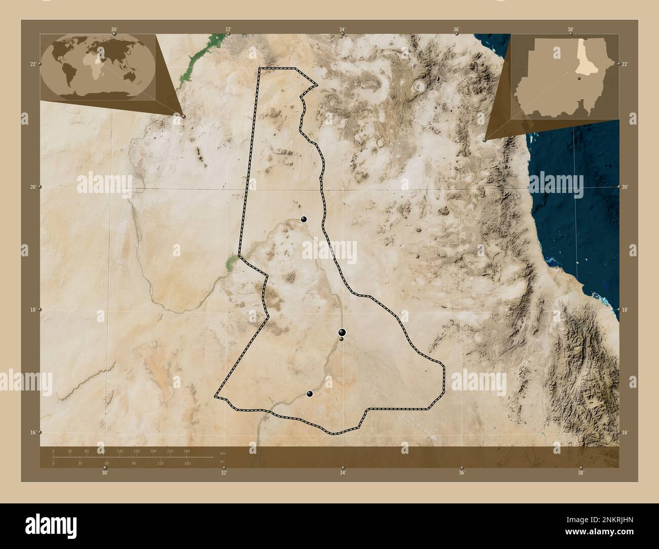 River Nile, state of Sudan. Low resolution satellite map. Locations of major cities of the region. Corner auxiliary location maps Stock Photo