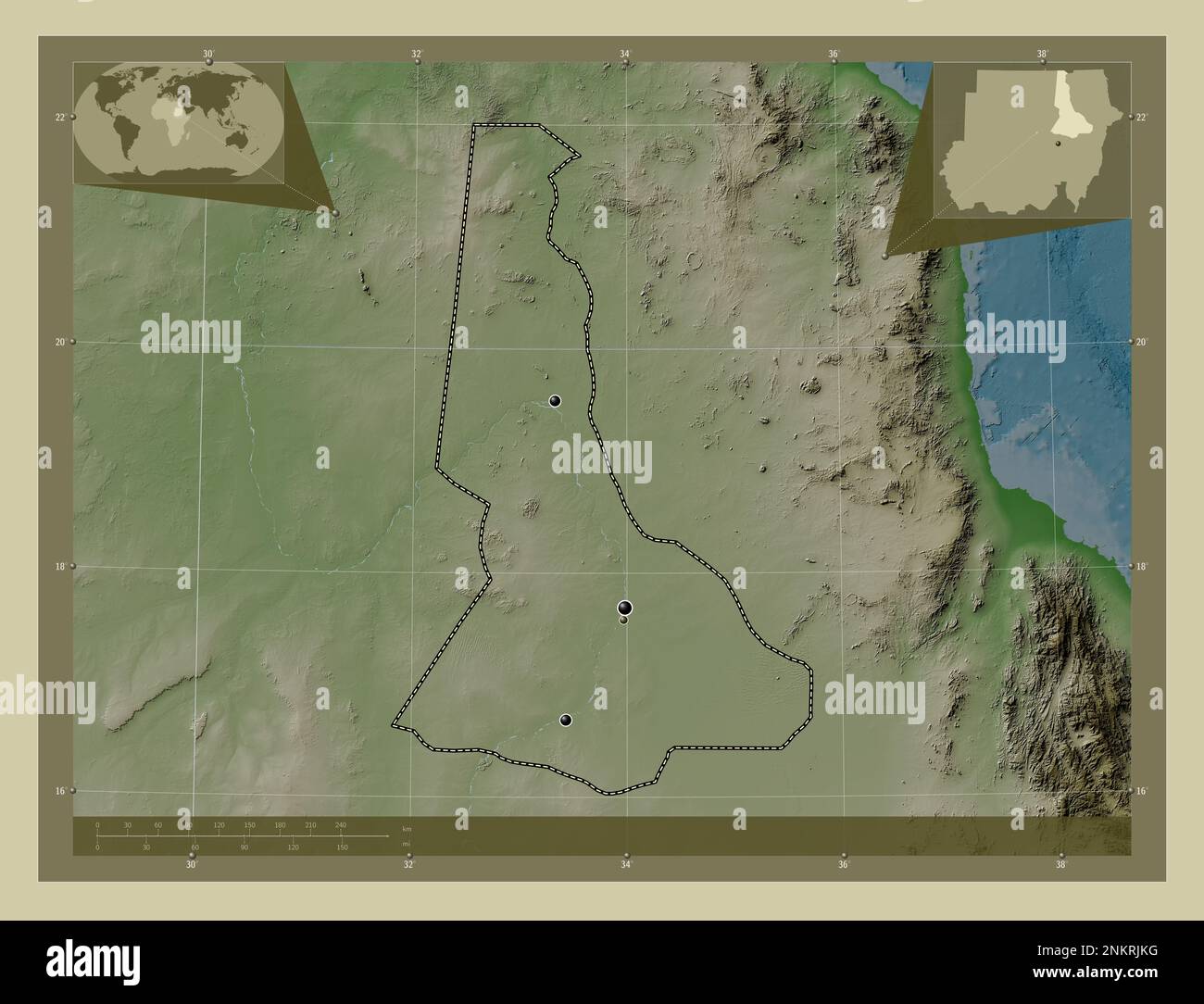 River Nile, state of Sudan. Elevation map colored in wiki style with lakes and rivers. Locations of major cities of the region. Corner auxiliary locat Stock Photo