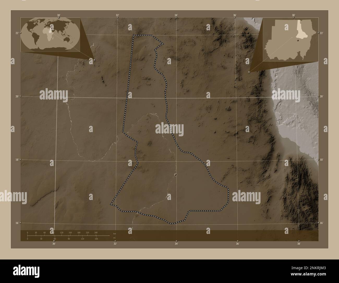 River Nile, state of Sudan. Elevation map colored in sepia tones with lakes and rivers. Corner auxiliary location maps Stock Photo